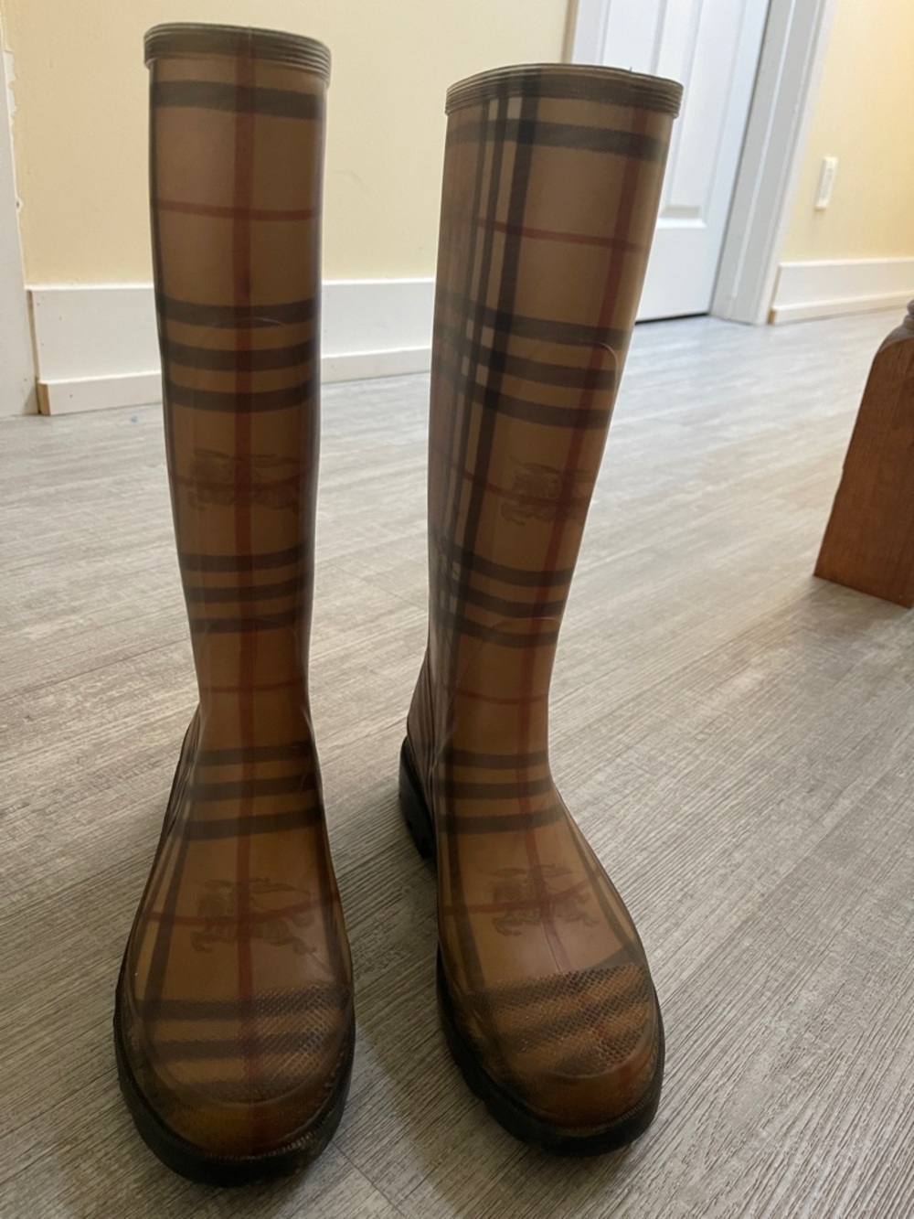 Burberry Tan Plaid Tall Rain Boots